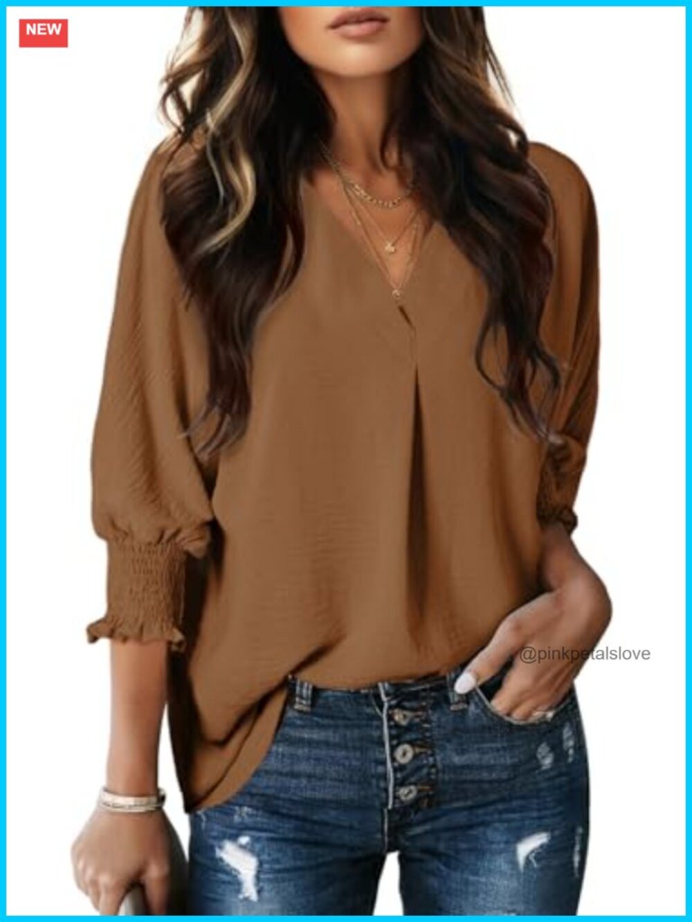 Dressy Casual 3/4 Sleeve Collared V-Neck Blouse Business Work Top